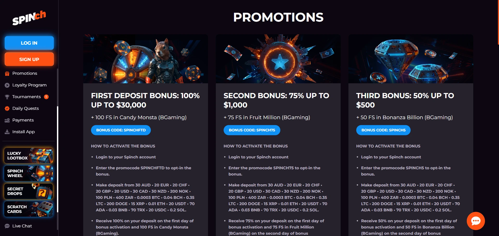 Spinch casino bonus page with the welcome offer