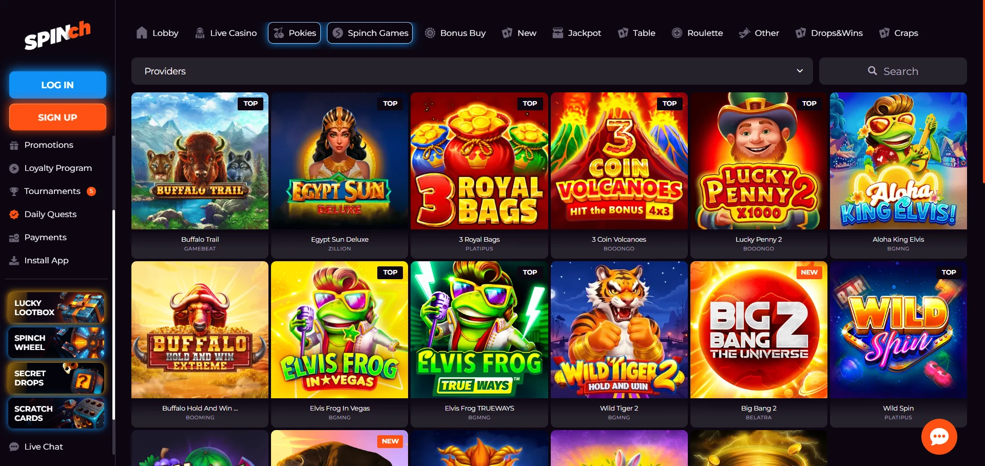 The Spinch games lobby on desktop