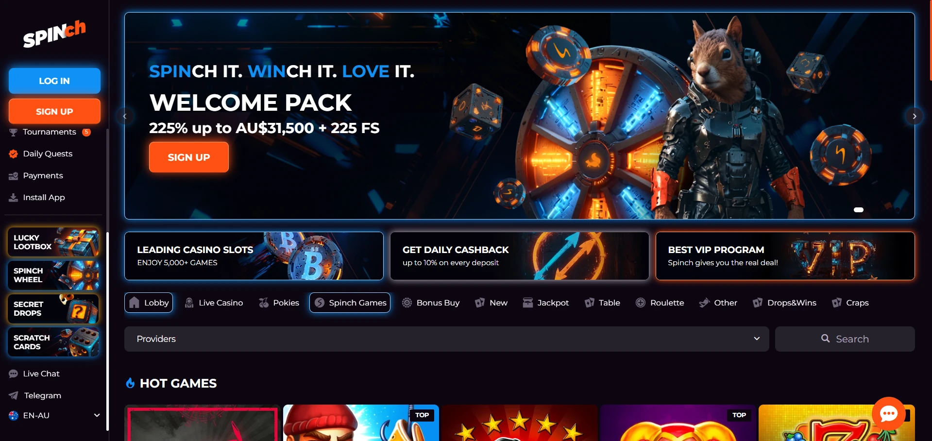 Spinch casino homepage on a first visit