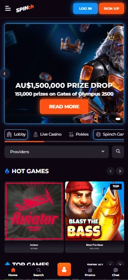 Spinch casino site open on a smartphone
